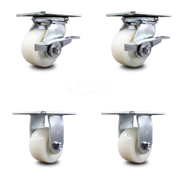 4 Inch Nylon Caster Set with Roller Bearing 2 Brakes and 2 Rigid